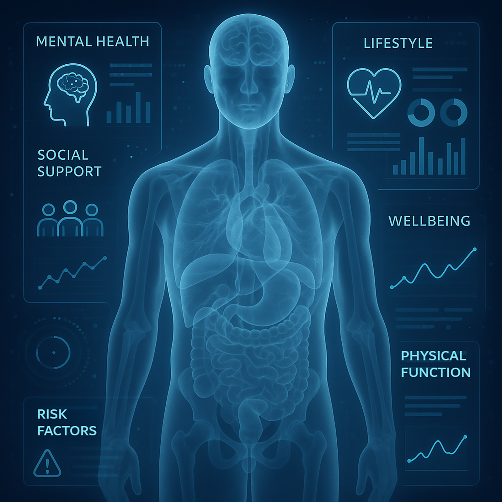 Abstract 3D image of a human body silhouette with glowing overlays showing text Mental well-being, Social support connections, Lifestyle risk factors and Functional ability